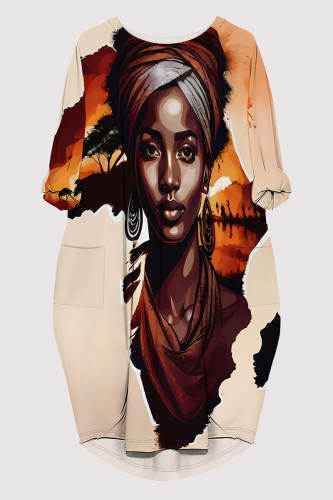 Light Khaki Casual Daily Graffiti Print Pocket Contrast O Neck Printed Dresses