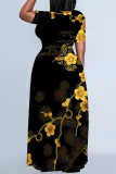 Black Casual Geometric Print Stripe Gradient Pocket Contrast O Neck Printed Plus Size Dresses
