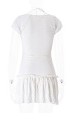 White Sexy Solid Color Patchwork Ruched Asymmetrical Collar Mini Dresses