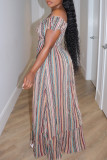 Colour Casual Stripe Patchwork Backless Off Shoulder Long Dresses