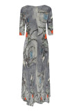 Gray Blue Casual Street Faux Denim Print Pocket Irregular Contrast Oblique Collar Irregular Dresses
