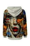 Khaki Casual Street Figure Print Draw String Pocket Hooded Tops