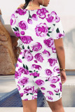 Blue Casual Street Floral Print Stripe Contrast O Neck Short Sleeve Two Pieces