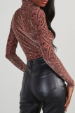 Black Casual Print Patchwork Turtleneck Tops