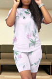 Blue Casual Street Floral Print Stripe Contrast O Neck Short Sleeve Two Pieces