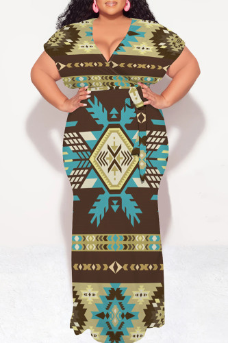 Dark Khaki Casual National Totem Print Lace Up Contrast V Neck Printed Plus Size Dresses
