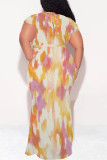 Sky Blue Sexy Geometric Print Gradient Lace Up Contrast V Neck Printed Plus Size Dresses