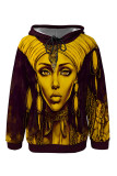 Khaki Casual Street Figure Print Draw String Pocket Hooded Tops