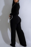 Black Casual Patchwork Contrast Turndown Collar Regular Jumpsuits