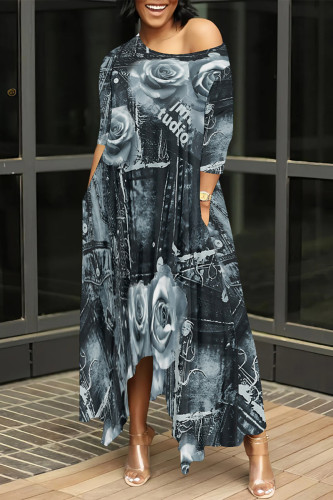 Black Gray Casual Street Faux Denim Print Pocket Irregular Contrast Oblique Collar Irregular Dresses