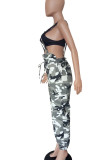 Black Casual Camouflage Print Draw String Pocket Patchwork Spaghetti Strap Jumpsuits