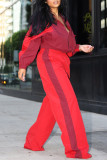Red Casual Patchwork Zipper Contrast Zipper Collar Long Sleeve Two Pieces