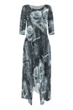 Gray Blue Casual Street Faux Denim Print Pocket Irregular Contrast Oblique Collar Irregular Dresses