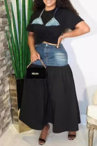 Black Casual Pocket Patchwork O Neck Short Sleeve Two Pieces