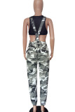 Black Casual Camouflage Print Draw String Pocket Patchwork Spaghetti Strap Jumpsuits