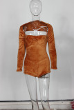 Brown Casual Solid Color Patchwork Asymmetrical Collar Skinny Rompers