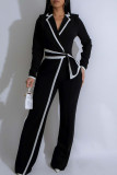 Black Casual Patchwork Contrast Turndown Collar Regular Jumpsuits