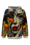 Khaki Casual Street Figure Print Draw String Pocket Hooded Tops