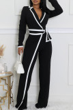 Black Casual Patchwork Contrast Turndown Collar Regular Jumpsuits