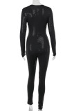 Black Casual Solid Color Sequins Patchwork Zipper Zipper Collar Skinny Jumpsuits