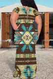 Light Khaki Casual National Totem Print Lace Up Contrast V Neck Printed Plus Size Dresses