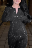 Black Casual Solid Color Sequins Patchwork Zipper Zipper Collar Skinny Jumpsuits