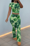 Green Casual Street Ombre Print Contrast O Neck Short Sleeve Two Pieces