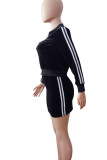Black Casual Patchwork Cross Straps Zipper Contrast Zipper Collar Long Sleeve Two Pieces