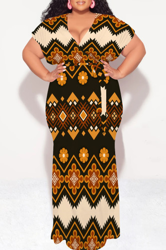 Brown Casual National Totem Print Lace Up Contrast V Neck Printed Plus Size Dresses