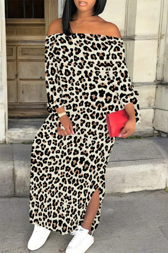 Beige Sexy Leopard Print Lace Up Slit Contrast Off Shoulder Printed Dresses