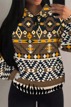 Coffee Casual Street Figure Print Draw String Pocket Hooded Tops