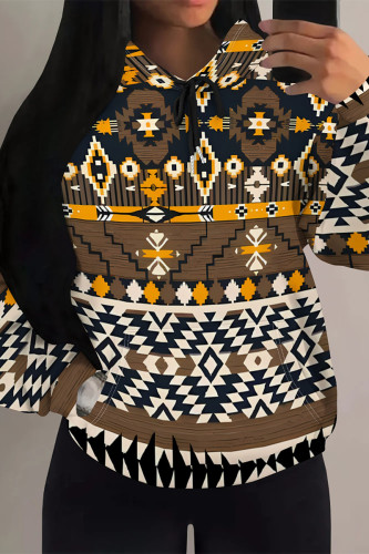 Coffee Casual Street Figure Print Draw String Pocket Hooded Tops