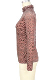 Black Casual Print Patchwork Turtleneck Tops