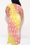 Sky Blue Sexy Geometric Print Gradient Lace Up Contrast V Neck Printed Plus Size Dresses