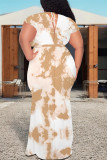 Sky Blue Sexy Geometric Print Gradient Lace Up Contrast V Neck Printed Plus Size Dresses