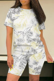 Blue Casual Street Floral Print Stripe Contrast O Neck Short Sleeve Two Pieces