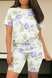 Blue Casual Street Floral Print Stripe Contrast O Neck Short Sleeve Two Pieces