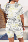 Blue Casual Street Floral Print Stripe Contrast O Neck Short Sleeve Two Pieces