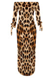 Blue Sexy Leopard Print Lace Up Slit Contrast Off Shoulder Printed Dresses