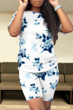 Blue Casual Street Floral Print Stripe Contrast O Neck Short Sleeve Two Pieces