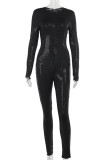 Black Casual Solid Color Sequins Patchwork Zipper Zipper Collar Skinny Jumpsuits
