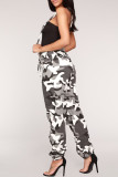 Black Casual Camouflage Print Draw String Pocket Patchwork Spaghetti Strap Jumpsuits