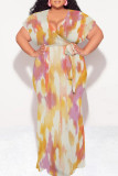 Sky Blue Sexy Geometric Print Gradient Lace Up Contrast V Neck Printed Plus Size Dresses