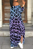 Blue Sexy Leopard Print Lace Up Slit Contrast Off Shoulder Printed Dresses