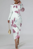 Pink Elegant Floral Print Contrast O Neck Printed Dresses
