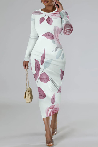 Rose Elegant Floral Print Contrast O Neck Printed Dresses