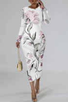 White Pink Elegant Floral Print Contrast O Neck Printed Dresses