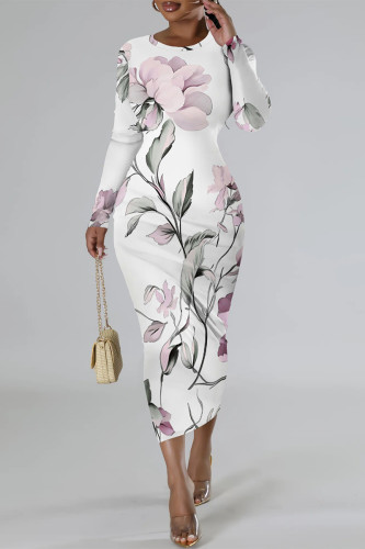 White Pink Elegant Floral Print Contrast O Neck Printed Dresses