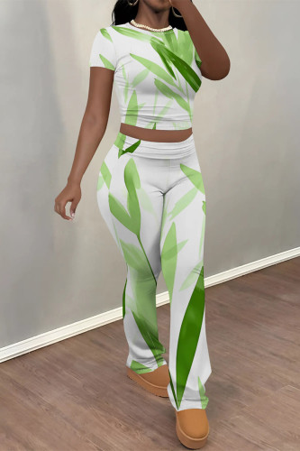 White Green Casual Street Ombre Print Contrast O Neck Short Sleeve Two Pieces