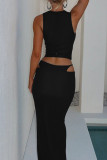 Grey Elegant Solid Color Hollow Out Patchwork O Neck Three Pieces
